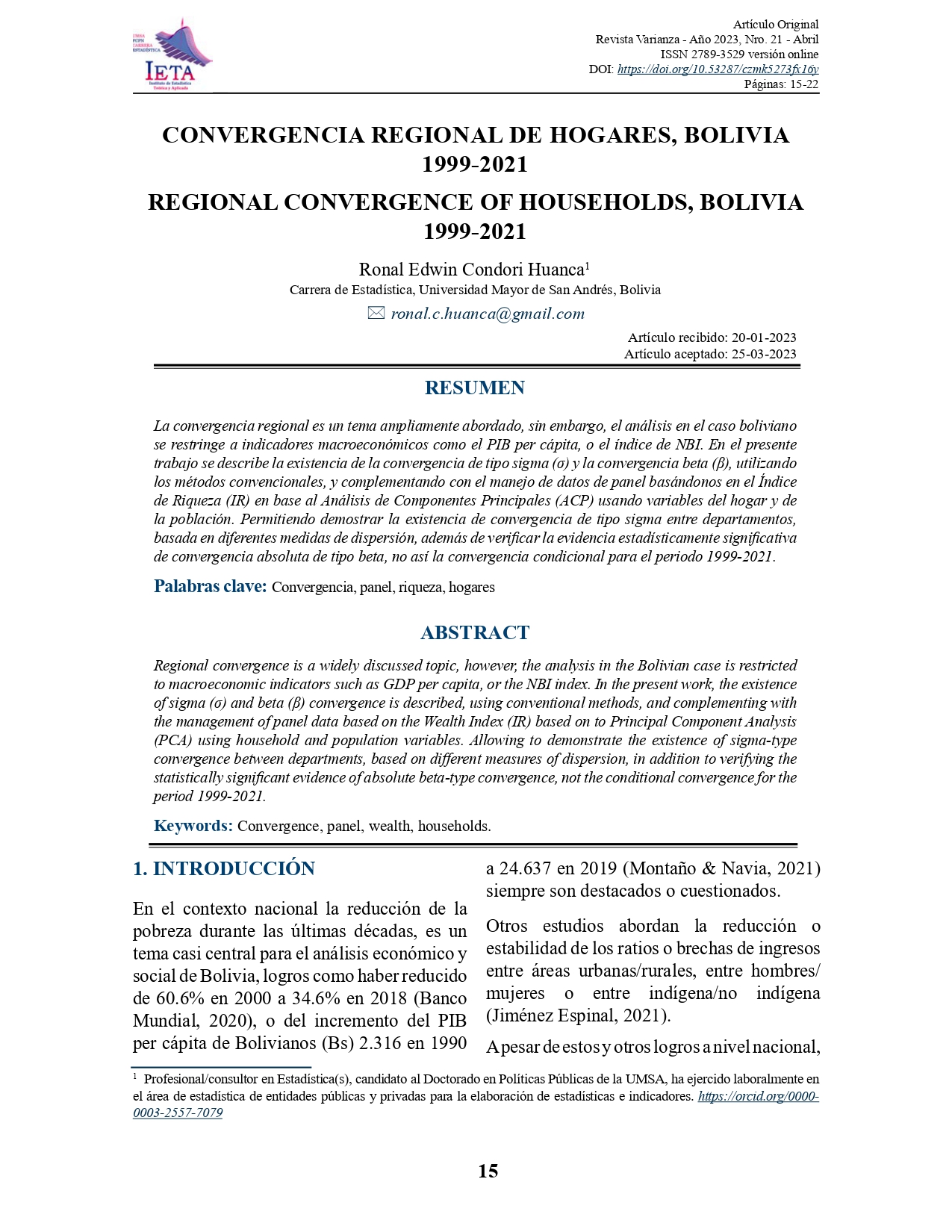 Convergencia regional de hogares, Bolivia 1999 - 2021