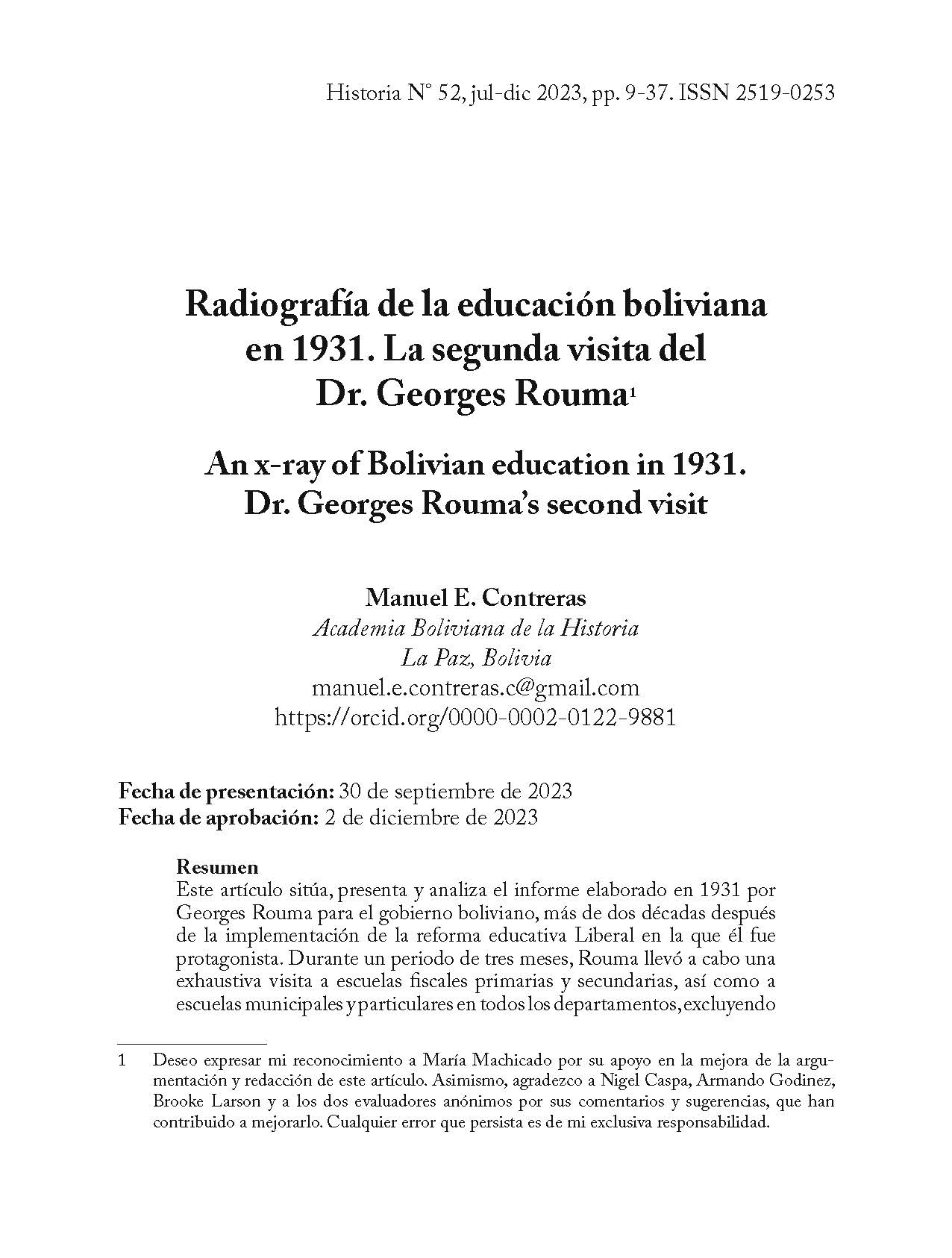 Radiografía de la educación boliviana en 1931. La segunda visita del Dr. Georges Rouma