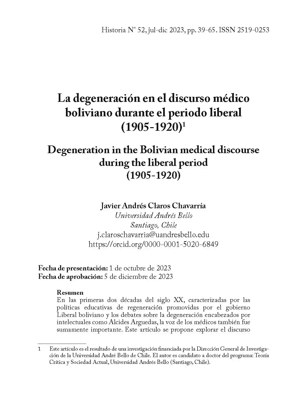 La degeneración en el discurso médico boliviano durante el periodo liberal (1905-1920)