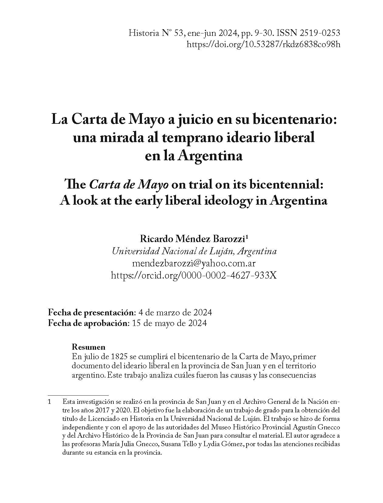 La Carta de Mayo a juicio en su bicentenario: una mirada al temprano ideario liberal en la Argentina