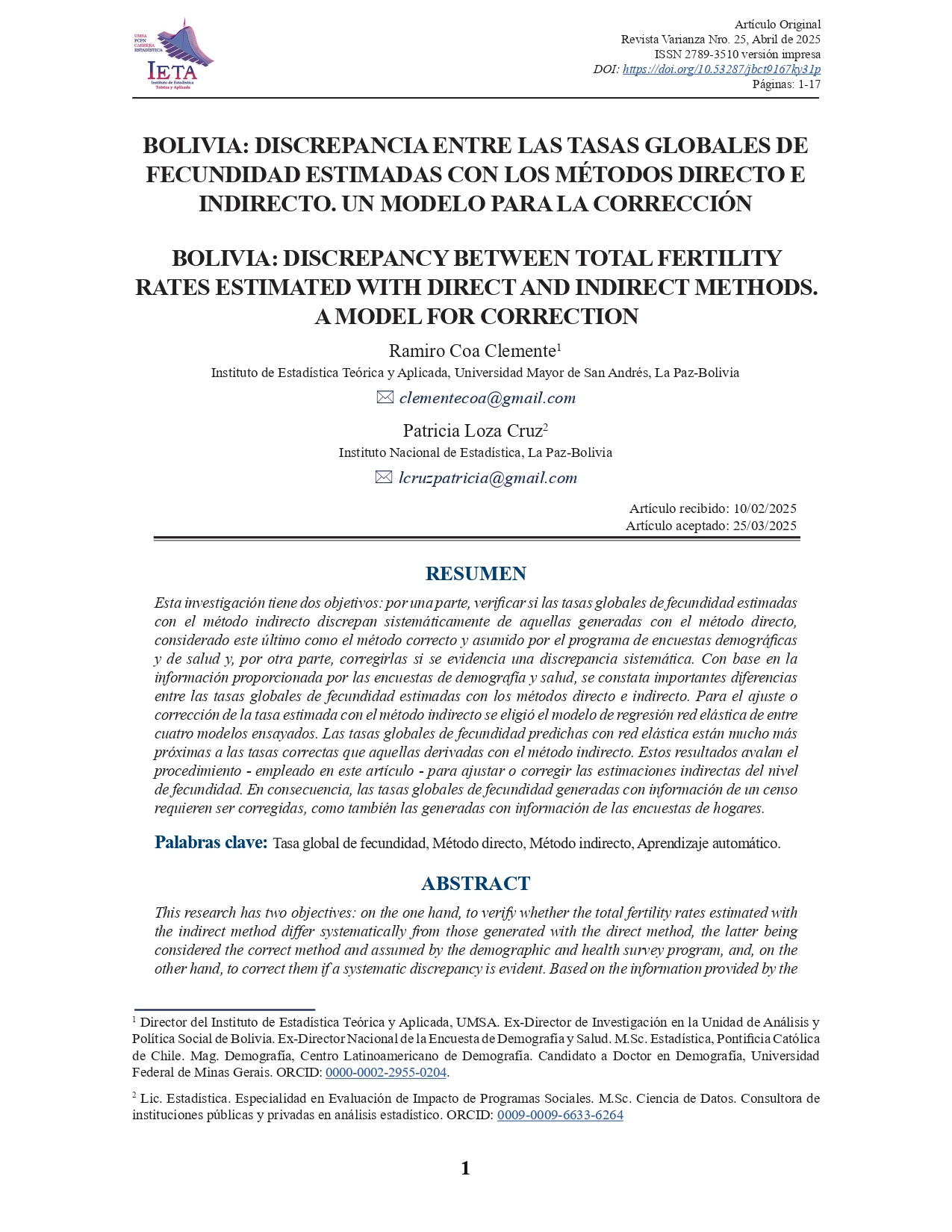 BOLIVIA: DISCREPANCIA ENTRE LAS TASAS GLOBALES DE FECUNDIDAD ESTIMADAS CON LOS MÉTODOS DIRECTO E INDIRECTO. UN MODELO PARA LA CORRECCIÓN