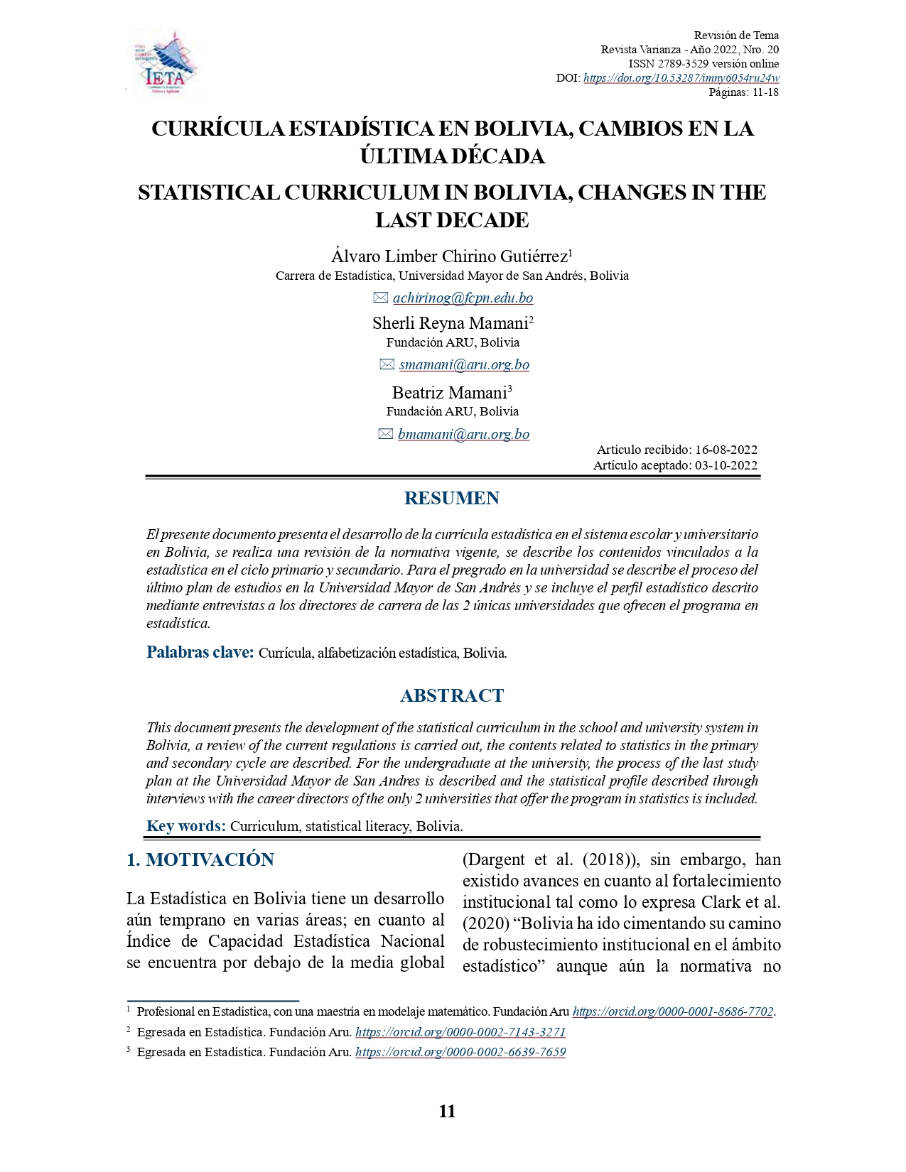 CURRÍCULA ESTADÍSTICA EN BOLIVIA, CAMBIOS EN LA ÚLTIMA DÉCADA