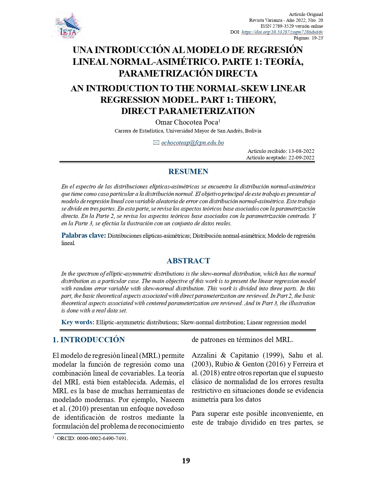 UNA INTRODUCCIÓN AL MODELO DE REGRESIÓN LINEAL NORMAL-ASIMÉTRICO. PARTE 1: TEORÍA, PARAMETRIZACIÓN DIRECTA