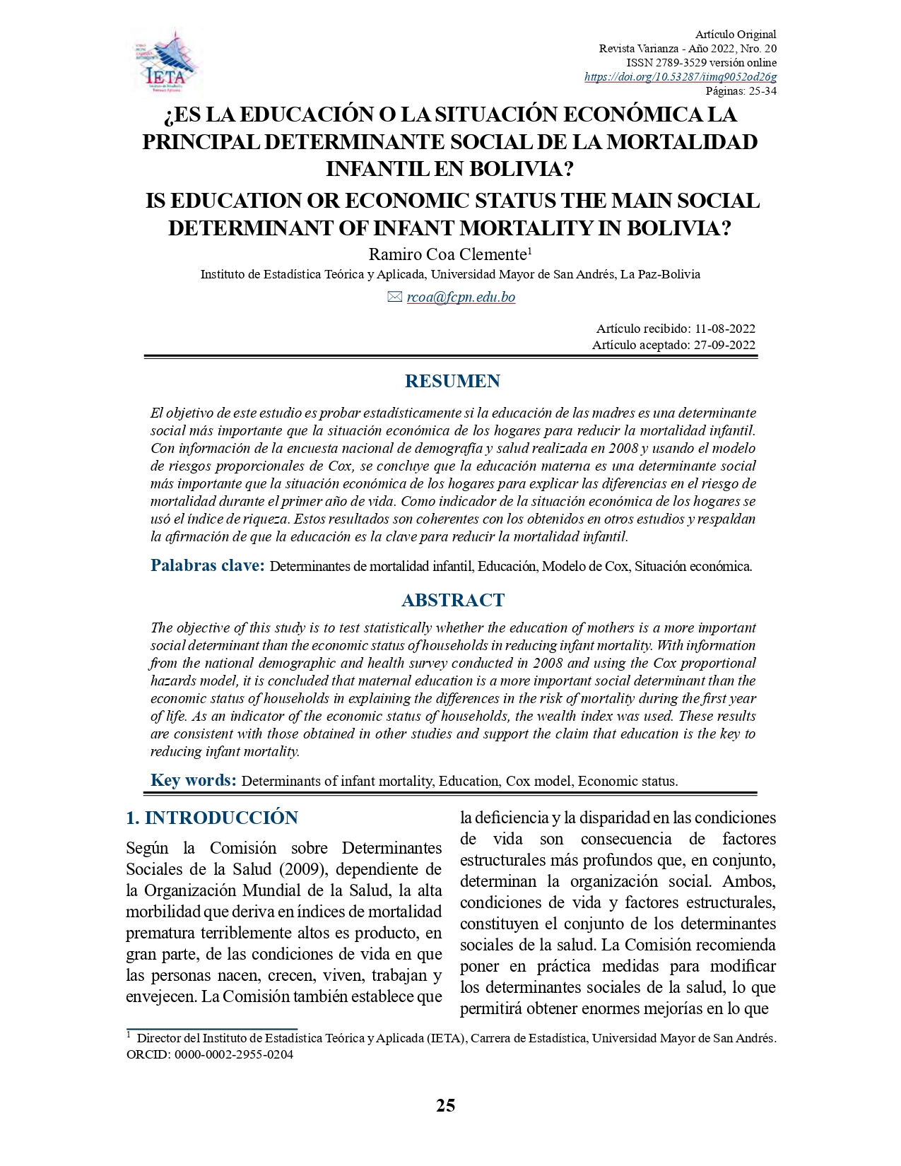 ¿ES LA EDUCACIÓN O LA SITUACIÓN ECONÓMICA LA PRINCIPAL DETERMINANTE SOCIAL DE LA MORTALIDAD INFANTIL EN BOLIVIA?