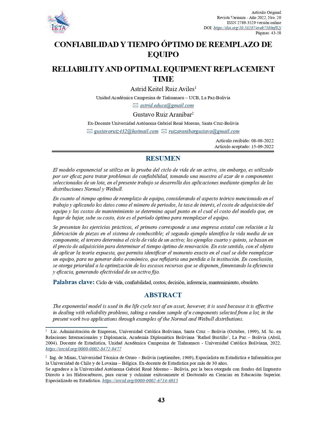 CONFIABILIDAD Y TIEMPO ÓPTIMO DE REEMPLAZO DE EQUIPO