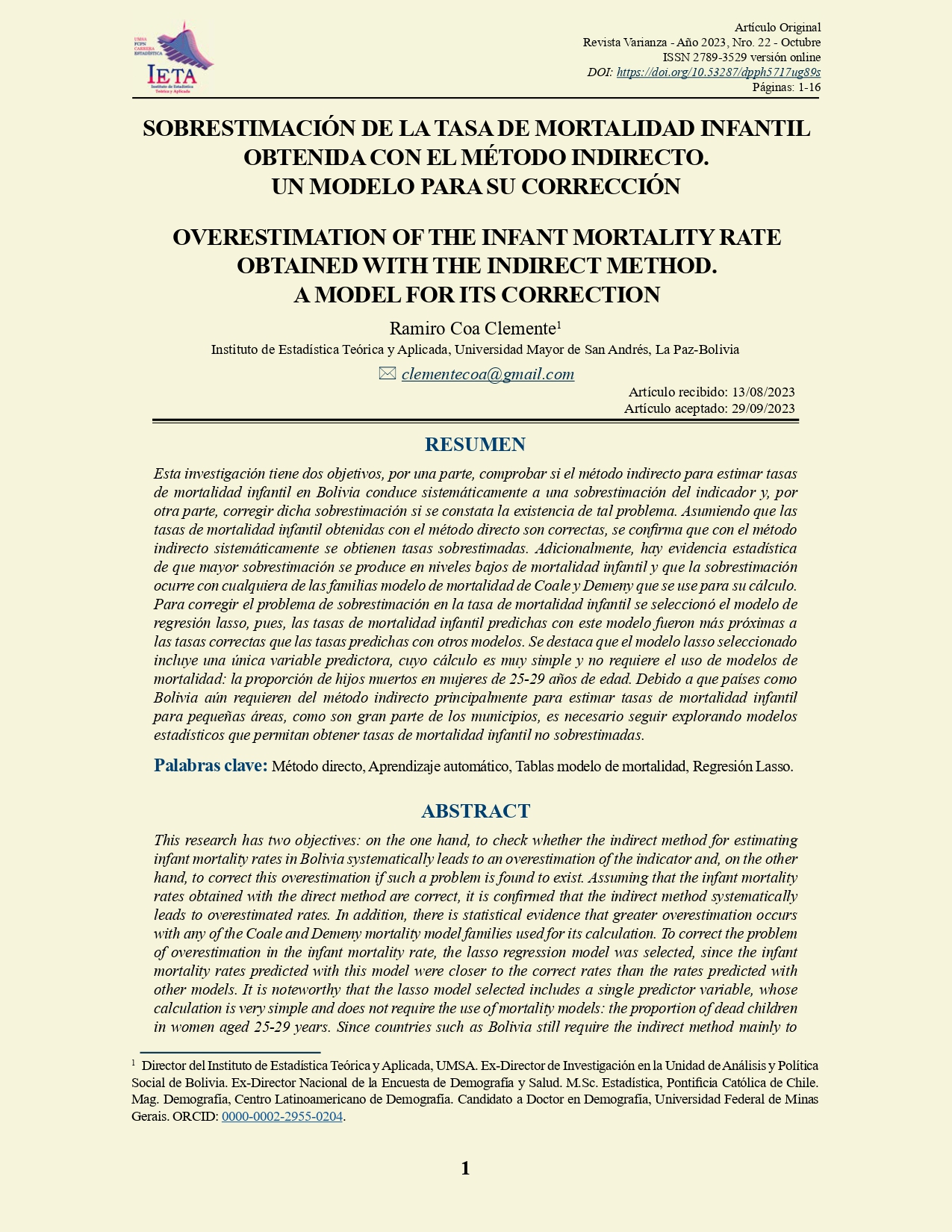 Sobrestimación de la tasa de mortalidad infantil obtenida con el método indirecto. Un modelo para su corrección