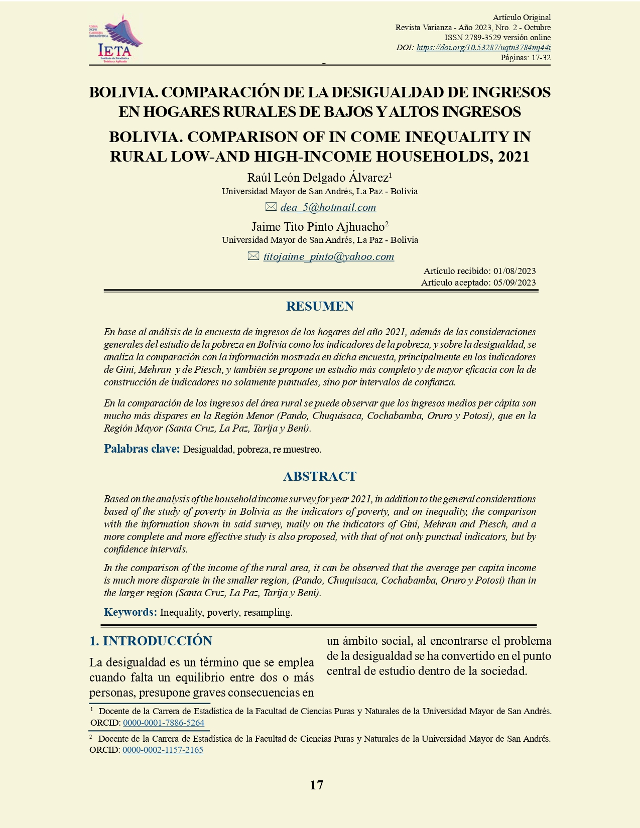 Bolivia. Comparación de la desigualdad de ingresos en hogares rurales de bajos y altos ingresos