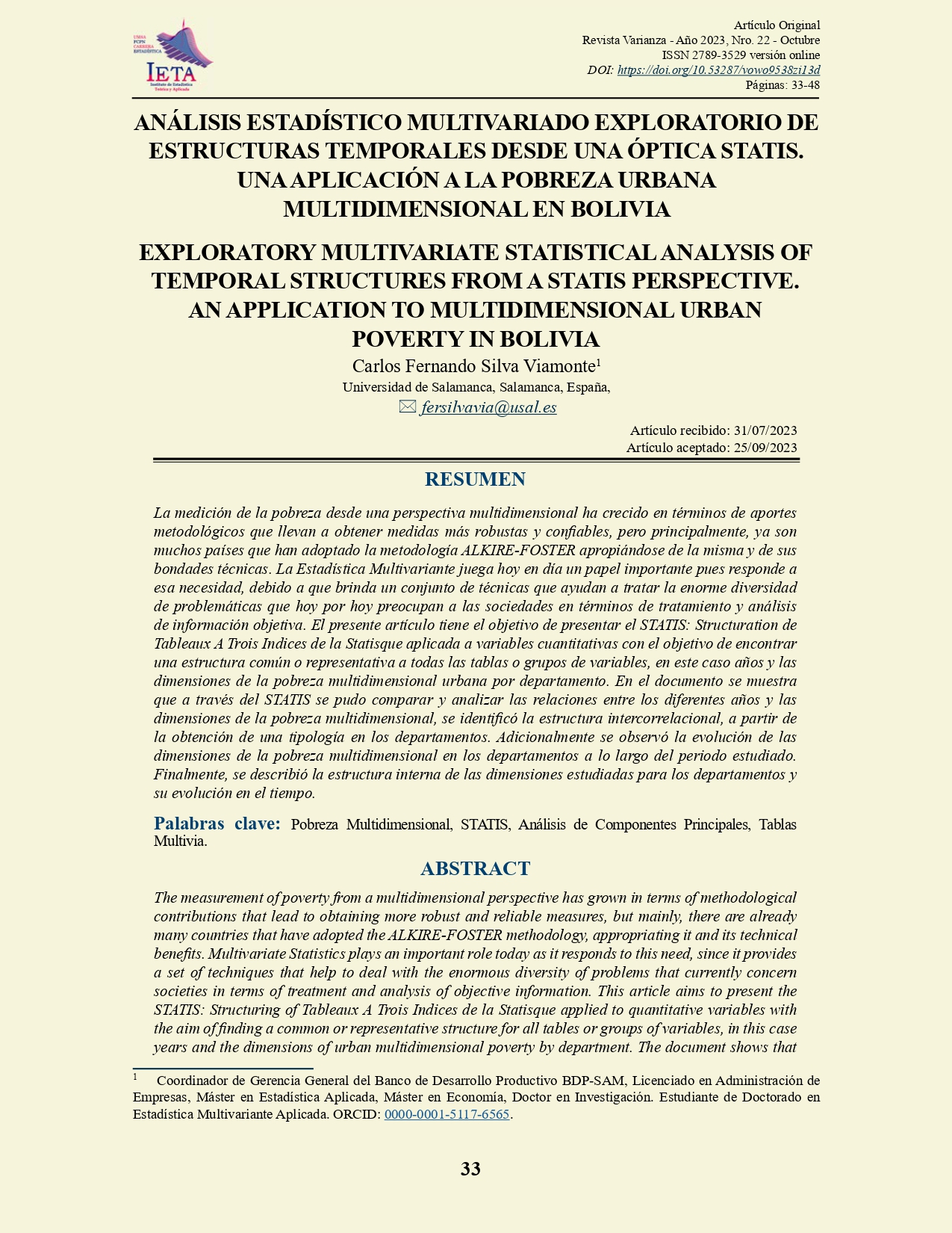 Análisis estadístico multivariado exploratorio de estructuras temporales desde una óptica STATIS. Una aplicación a la pobreza urbana multidimensional en Bolivia