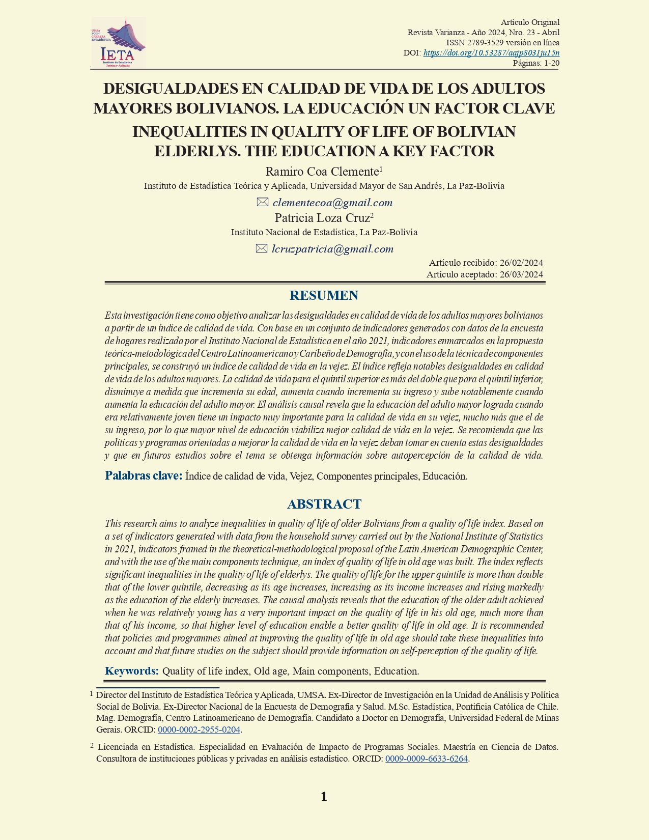 Desigualdades en calidad de vida de los adultos mayores bolivianos. La educación un factor clave