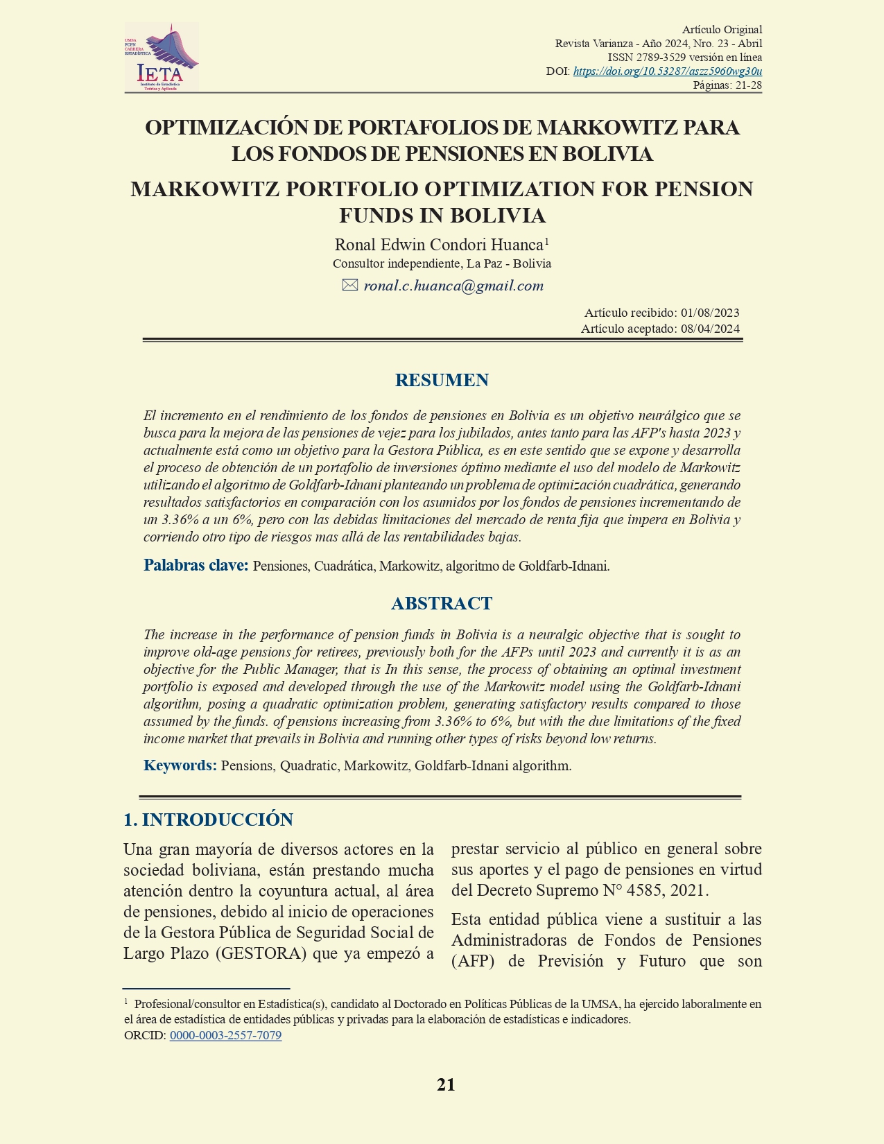 Optimización de Portafolios de Markowitz para los Fondos de Pensiones en Bolivia
