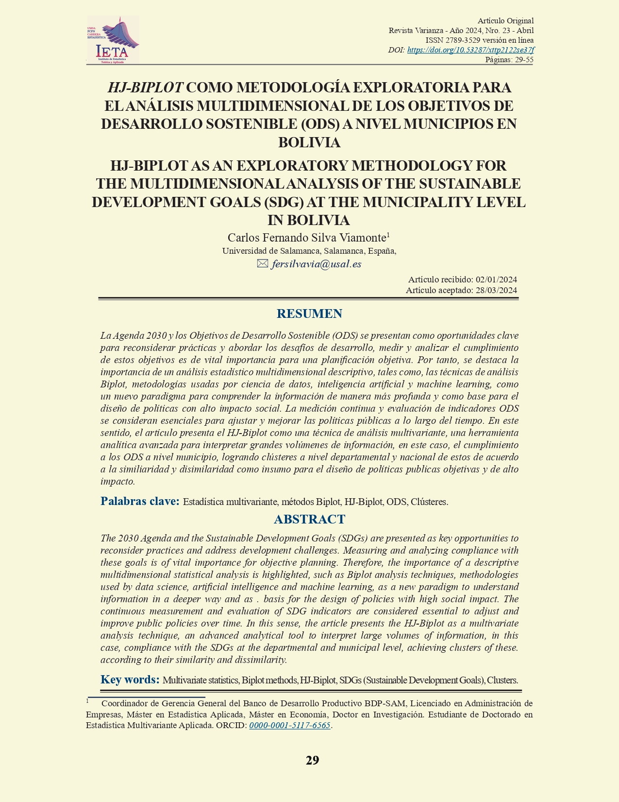 HJ-Biplot como metodología exploratoria para el análisis multidimensional de los objetivos de desarrollo sostenible (ODS) a nivel municipios en Bolivia