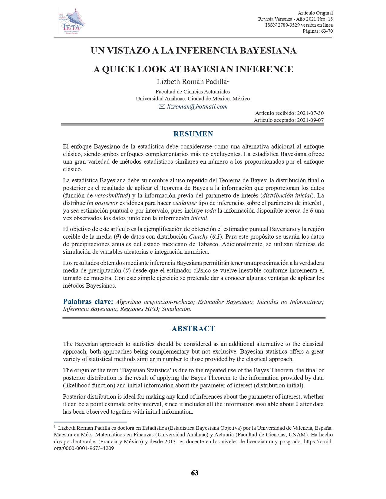 UN VISTAZO A LA INFERENCIA BAYESIANA