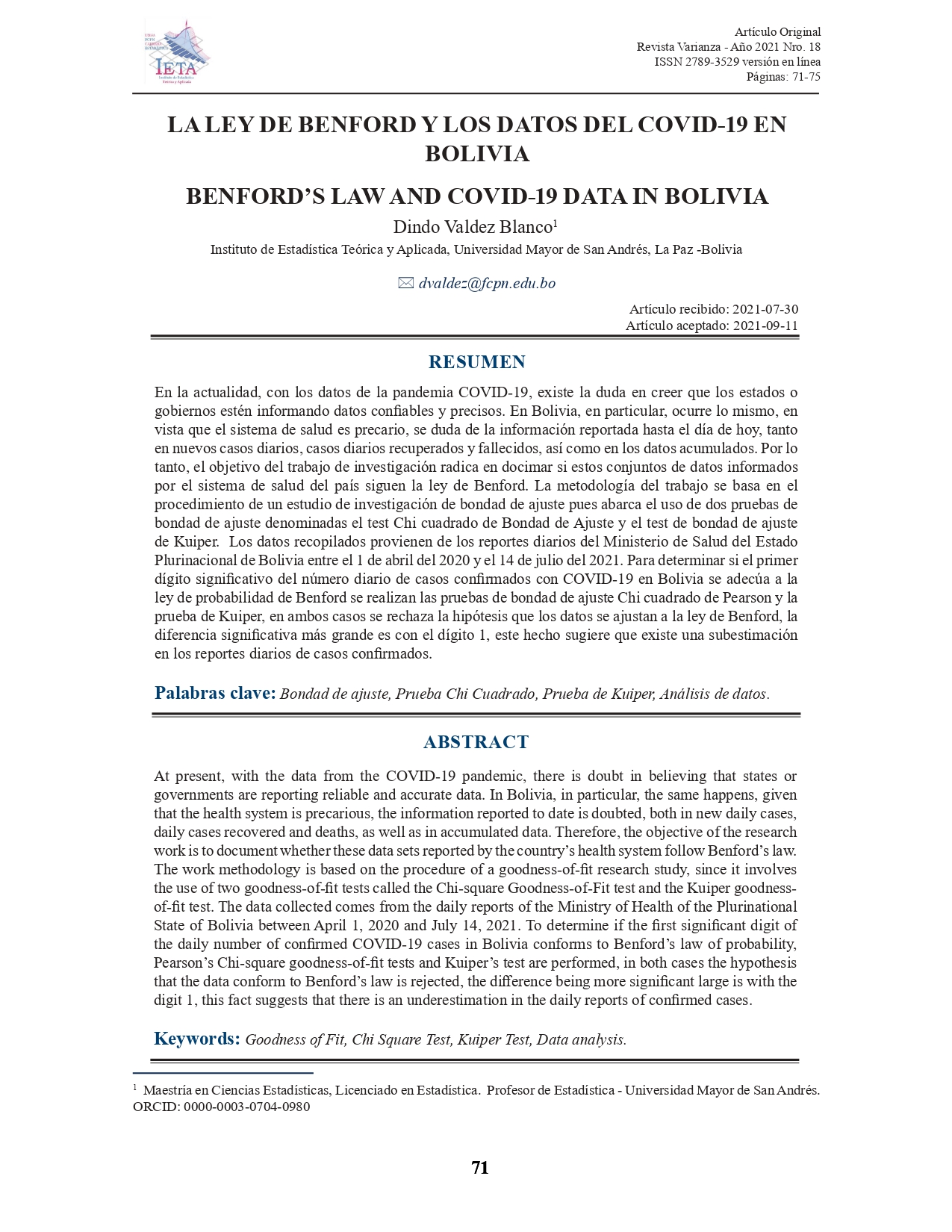 LA LEY DE BENFORD Y LOS DATOS DEL COVID-19 EN  BOLIVIA