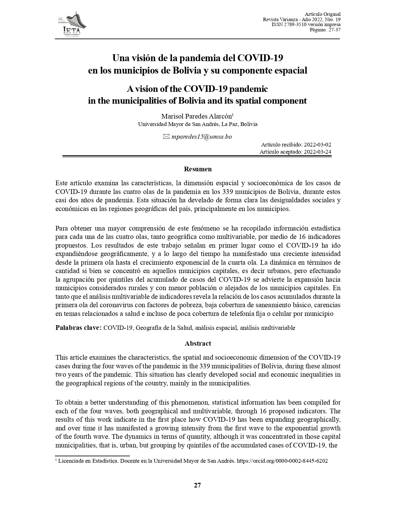 Una visión de la pandemia del COVID-19 en los municipios de Bolivia y su componente espacial