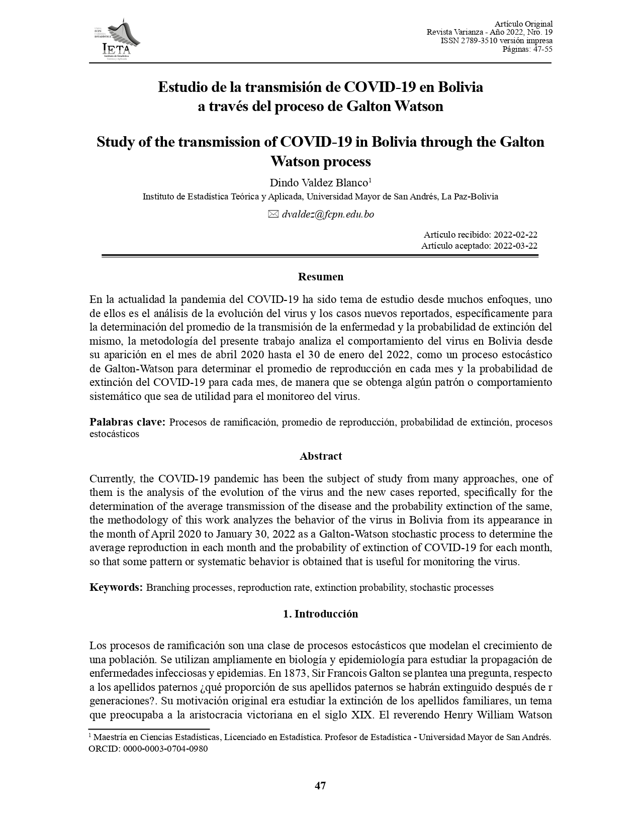 Estudio de la transmisión de COVID-19 en Bolivia a través del proceso de Galton Watson