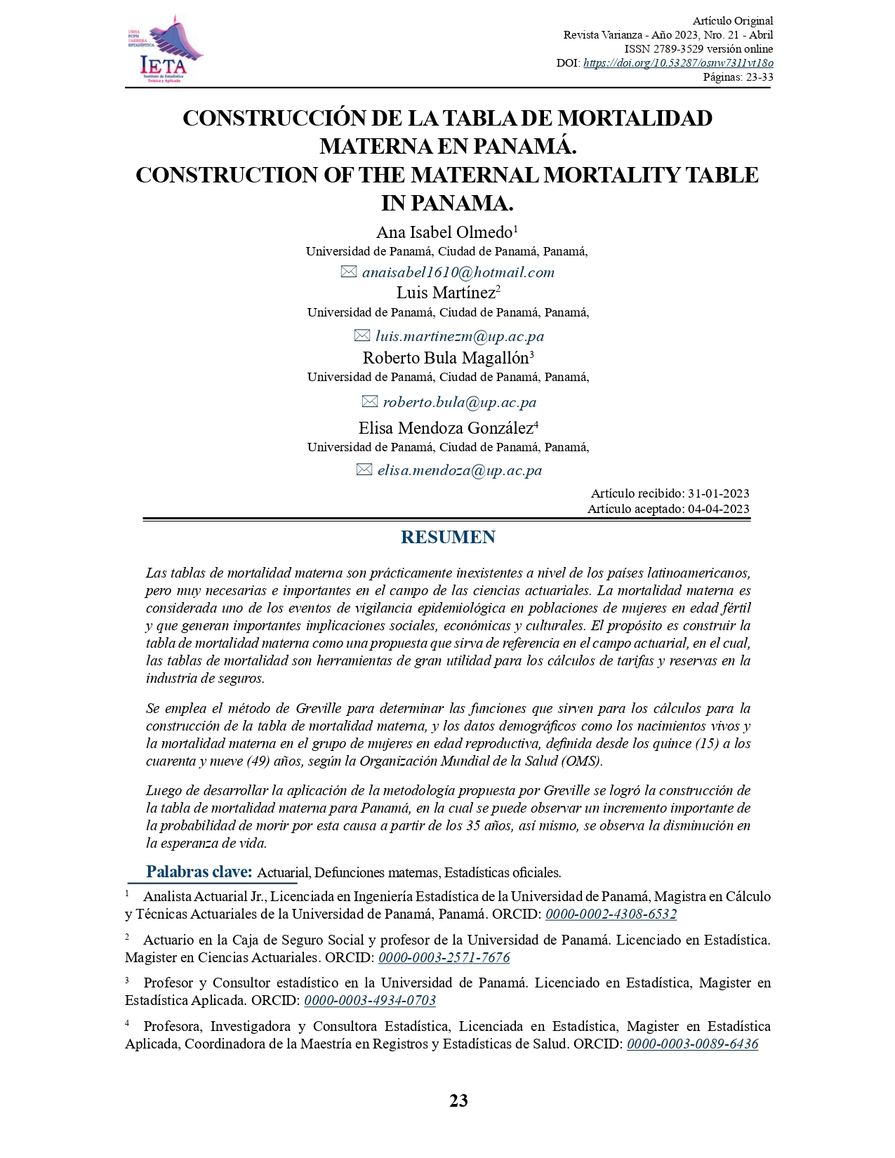 Construcción de la tabla de mortalidad materna en Panamá